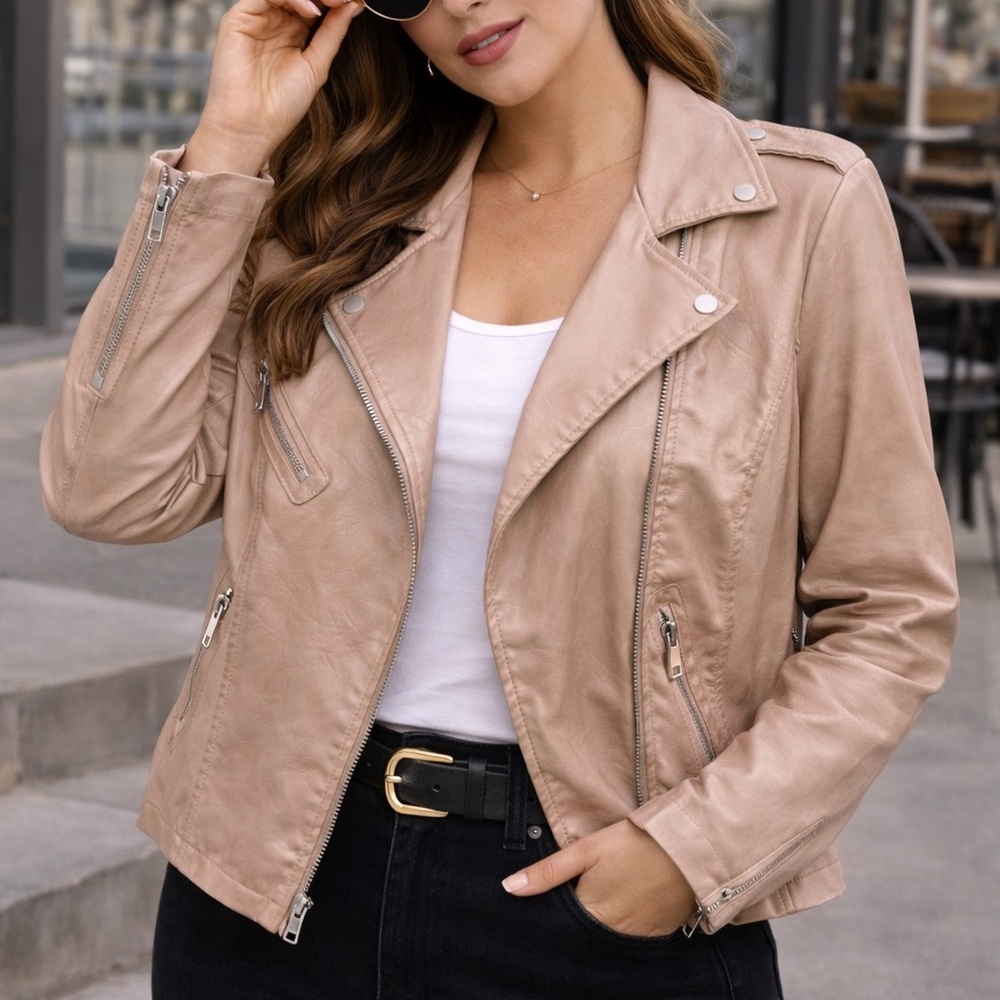 Chico's Tan faux‎ Leather Moto Jacket with Asymmetrical Zipper Large